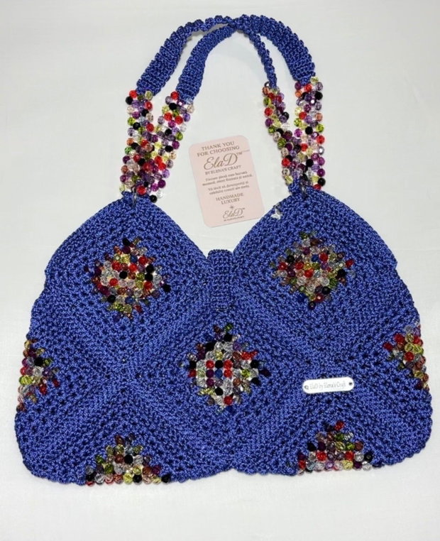 Geantă handmade croșetată albastru regal cu cristale multicolore ElaD Luxury
