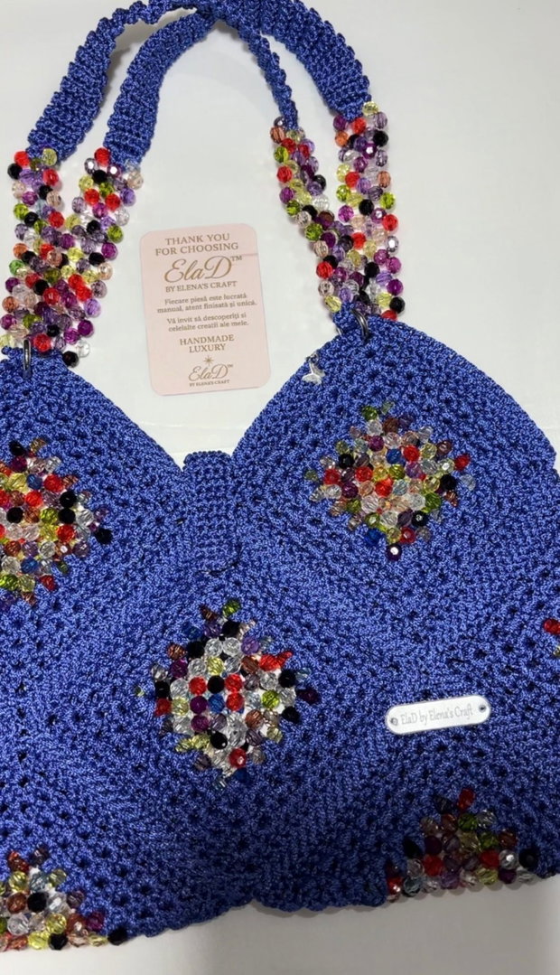 Geantă handmade croșetată albastru regal cu cristale multicolore ElaD Luxury