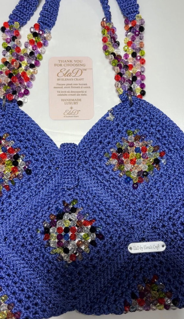 Geantă handmade croșetată albastru regal cu cristale multicolore ElaD Luxury