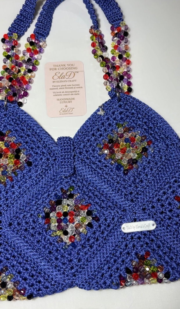Geantă handmade croșetată albastru regal cu cristale multicolore ElaD Luxury