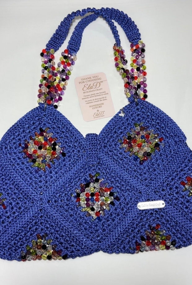 Geantă handmade croșetată albastru regal cu cristale multicolore ElaD Luxury