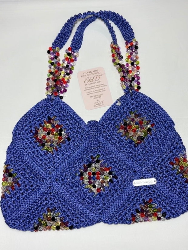 Geantă handmade croșetată albastru regal cu cristale multicolore ElaD Luxury
