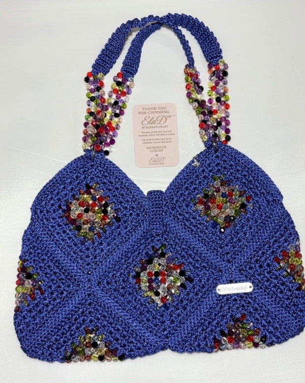 Geantă handmade croșetată albastru regal cu cristale multicolore ElaD Luxury