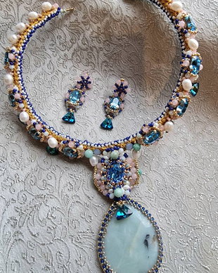 Colier fix amazonit,perle cultura , cristale swarovski , quartz roz