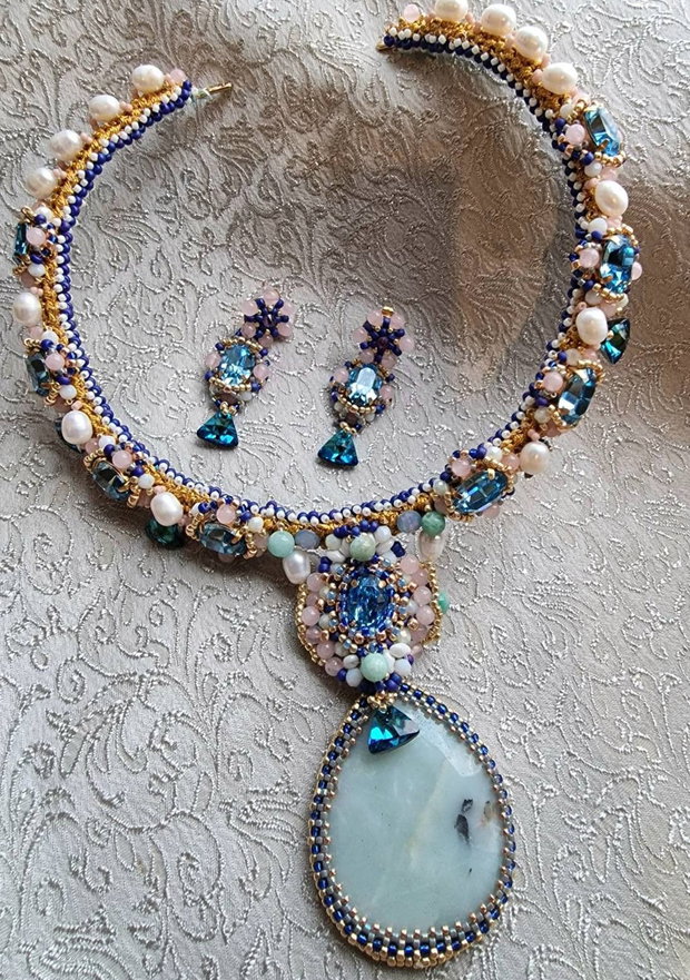 Colier fix amazonit,perle cultura , cristale swarovski , quartz roz