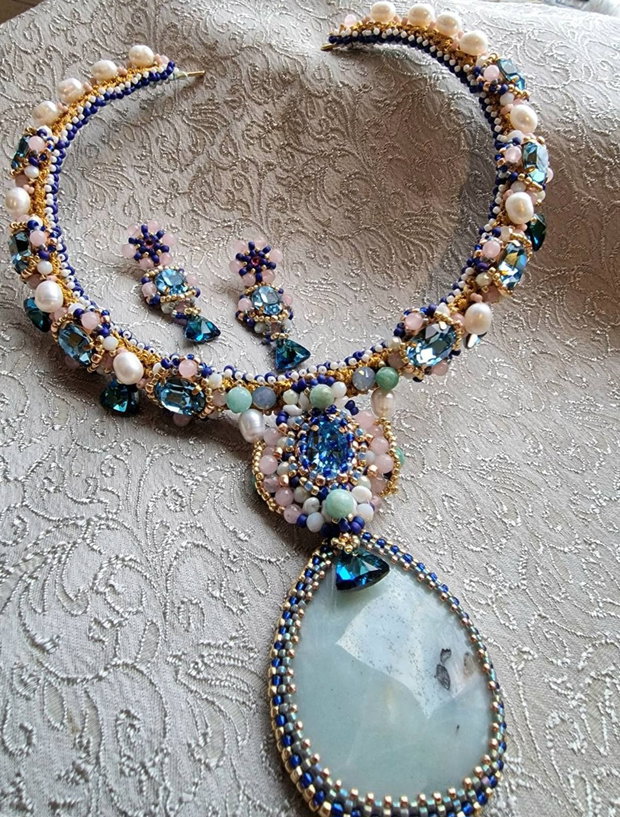 Colier fix amazonit,perle cultura , cristale swarovski , quartz roz