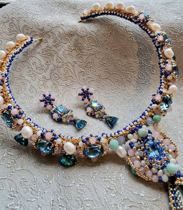 Colier fix amazonit,perle cultura , cristale swarovski , quartz roz