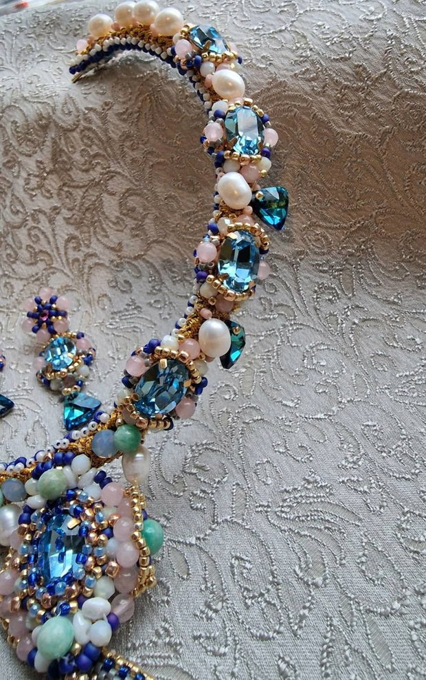 Colier fix amazonit,perle cultura , cristale swarovski , quartz roz