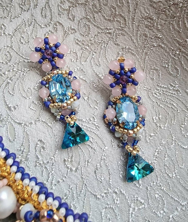 Colier fix amazonit,perle cultura , cristale swarovski , quartz roz