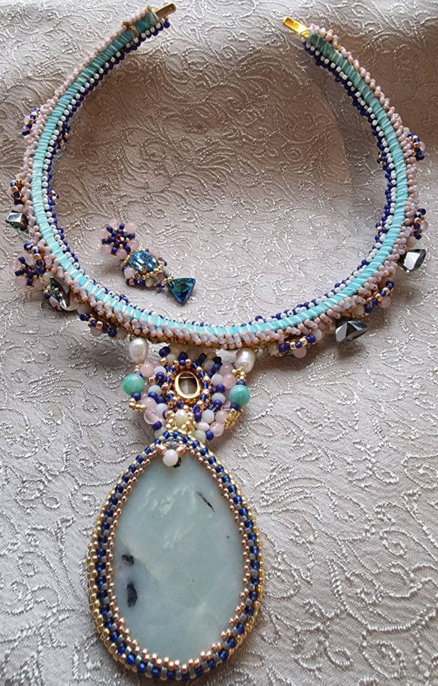 Colier fix amazonit,perle cultura , cristale swarovski , quartz roz