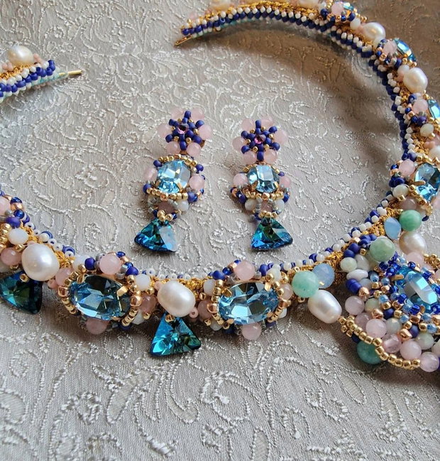 Colier fix amazonit,perle cultura , cristale swarovski , quartz roz