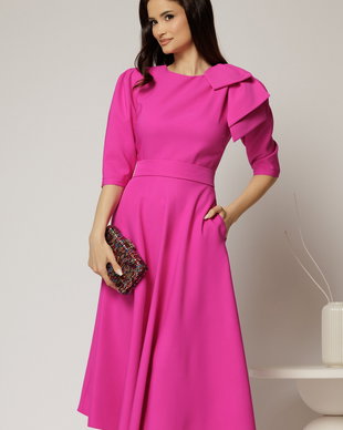 Rochie midi fucsia clos cu funda ampla pe umar si cordon detasabil