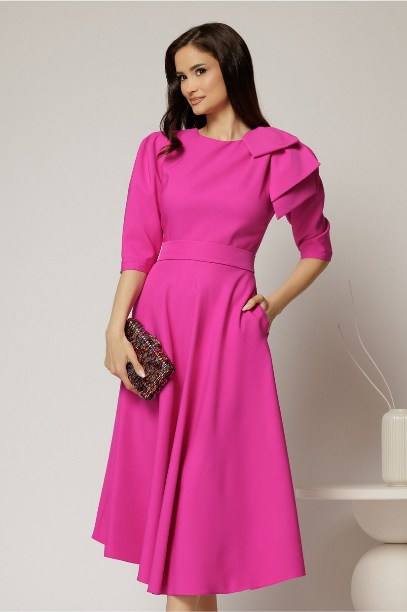 Rochie midi fucsia clos cu funda ampla pe umar si cordon detasabil