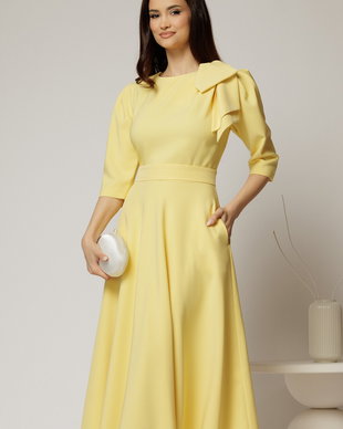 Rochie midi galbena clos cu funda ampla pe umar si cordon detasabil