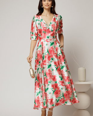 Rochie de ocazie cu imprimeu rosu si verde lunga de ocazie