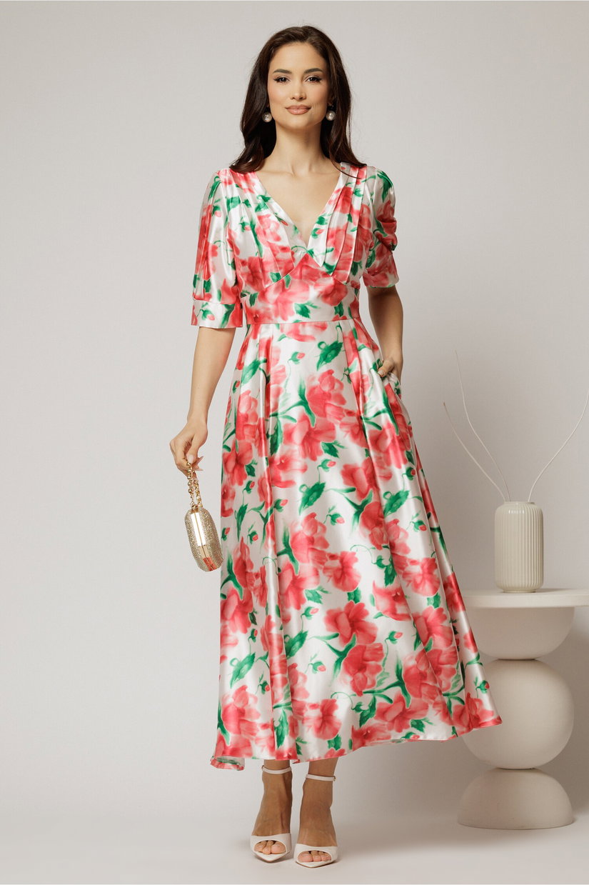 Rochie de ocazie cu imprimeu rosu si verde lunga de ocazie