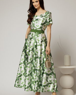 Rochie lunga de ocazie ivoar cu imprimeuri verde crud