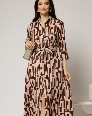 Rochie de zi midi bej cu imprimeuri bordo tip camasa cu cordon in talie