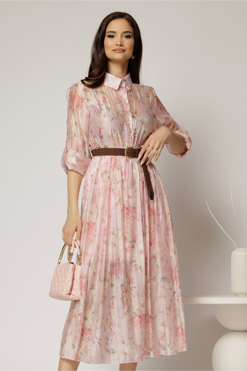 Rochie midi roz cu imprimeuri din tencel