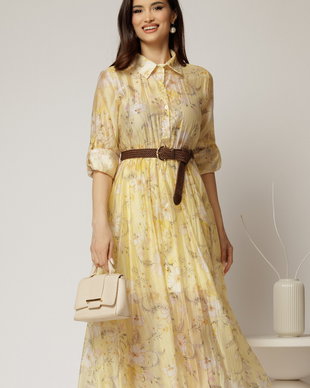 Rochie midi galbena cu imprimeuri din tencel