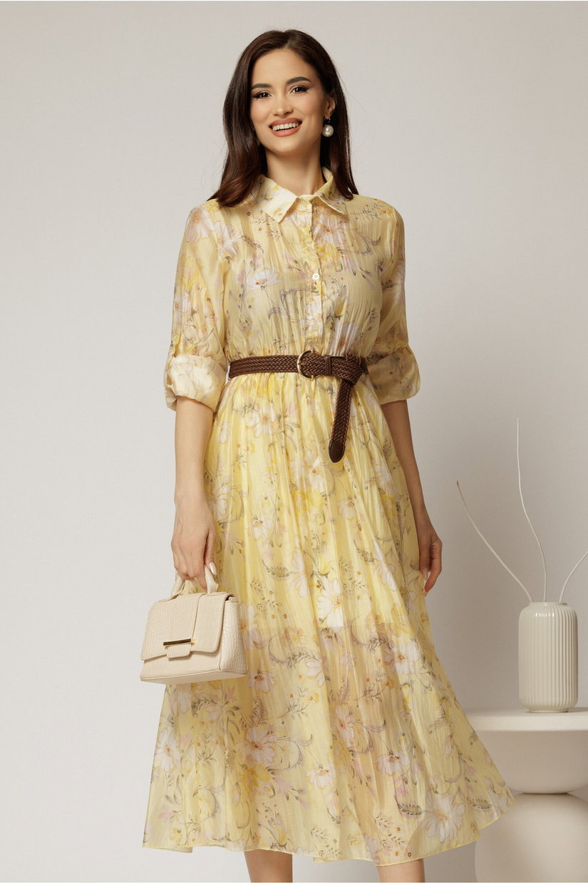 Rochie midi galbena cu imprimeuri din tencel