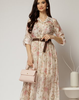 Rochie midi ivoar cu imprimeuri din tencel