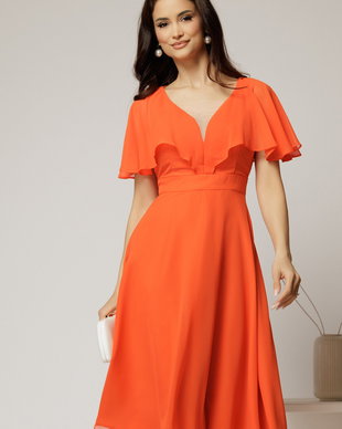 Rochie midi din voal oranj cu maneci evazate si decolteu adanc