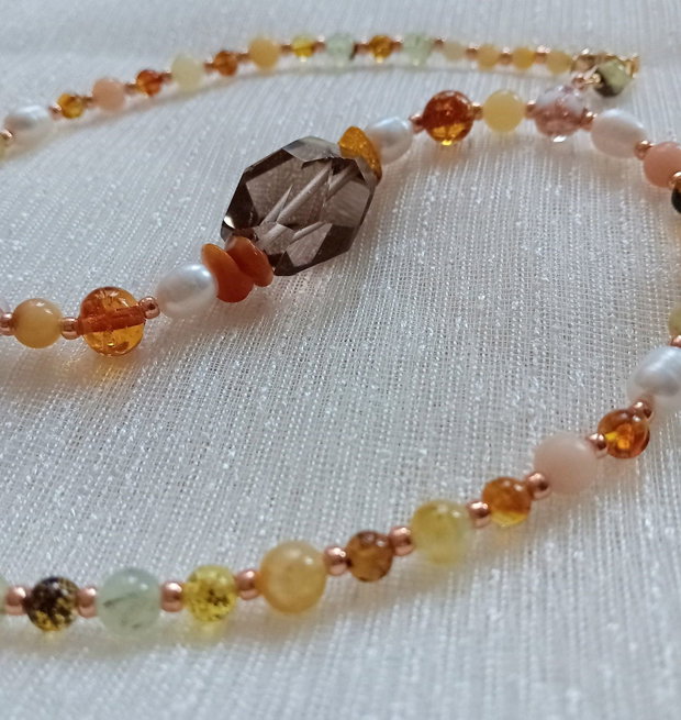 Colier chihlimbar,prehnit,quartz,perle cultura