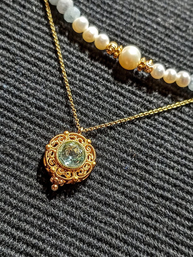 Colier vermeil acvamarin perle naturale de cultura lant charm acvamarin argint placat cu aur romantic boho chic trendy