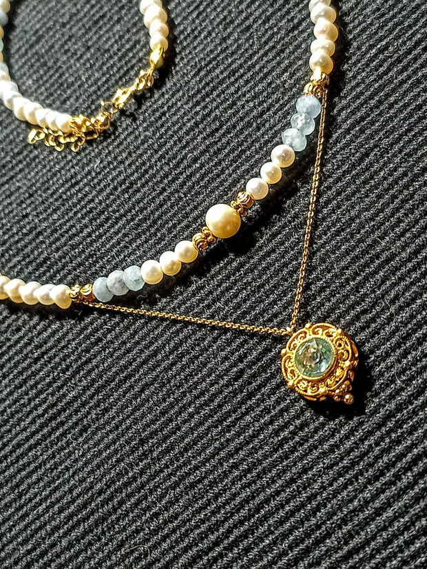 Colier vermeil acvamarin perle naturale de cultura lant charm acvamarin argint placat cu aur romantic boho chic trendy