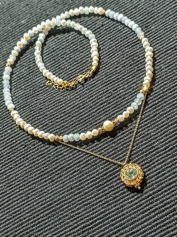 Colier vermeil acvamarin perle naturale de cultura lant charm acvamarin argint placat cu aur romantic boho chic trendy