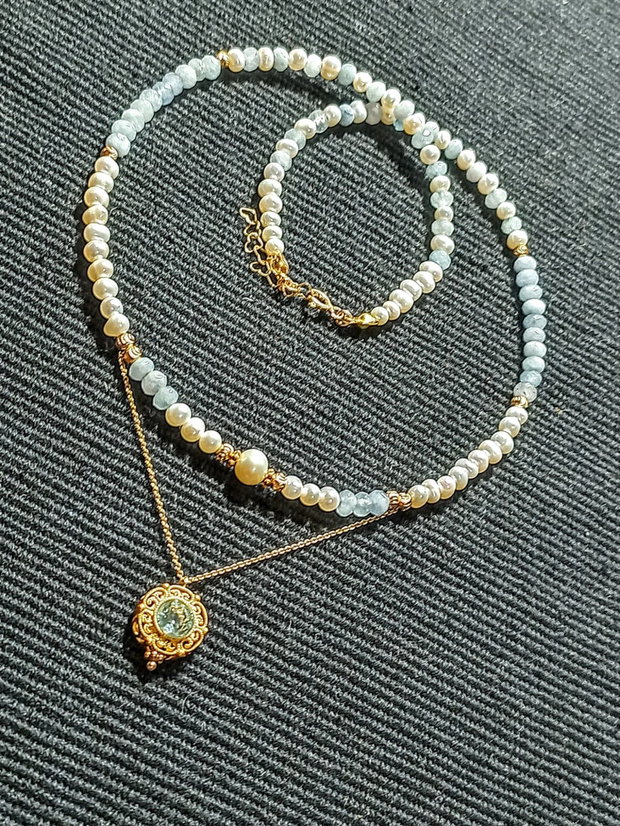 Colier vermeil acvamarin perle naturale de cultura lant charm acvamarin argint placat cu aur romantic boho chic trendy