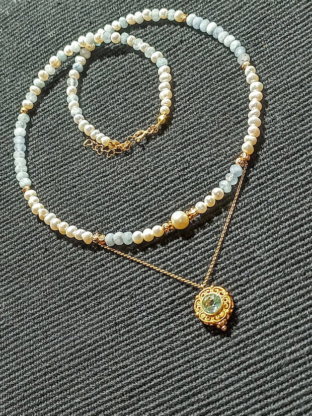 Colier vermeil acvamarin perle naturale de cultura lant charm acvamarin argint placat cu aur romantic boho chic trendy