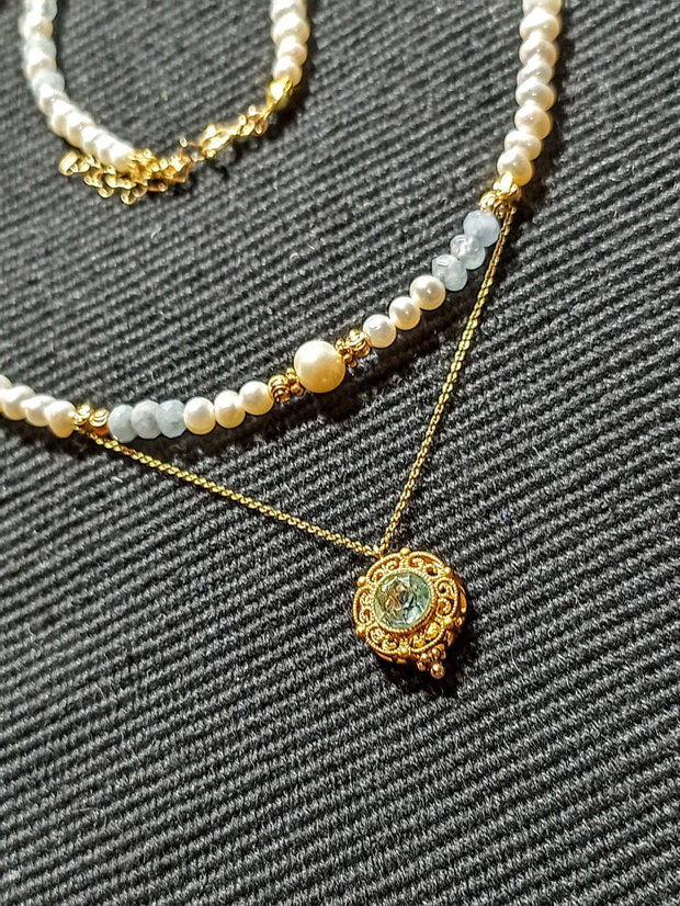 Colier vermeil acvamarin perle naturale de cultura lant charm acvamarin argint placat cu aur romantic boho chic trendy