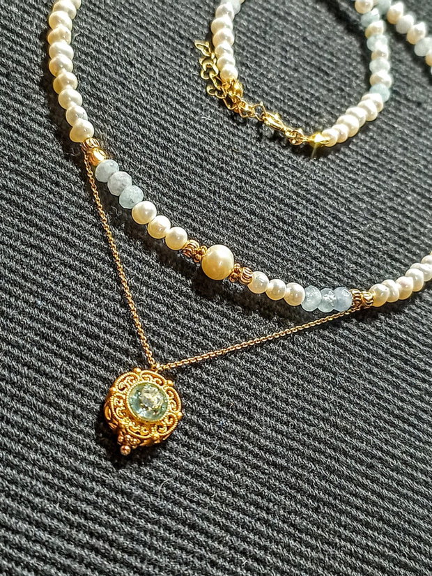 Colier vermeil acvamarin perle naturale de cultura lant charm acvamarin argint placat cu aur romantic boho chic trendy
