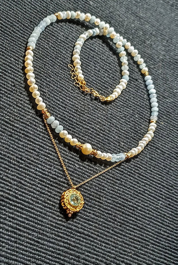 Colier vermeil acvamarin perle naturale de cultura lant charm acvamarin argint placat cu aur romantic boho chic trendy