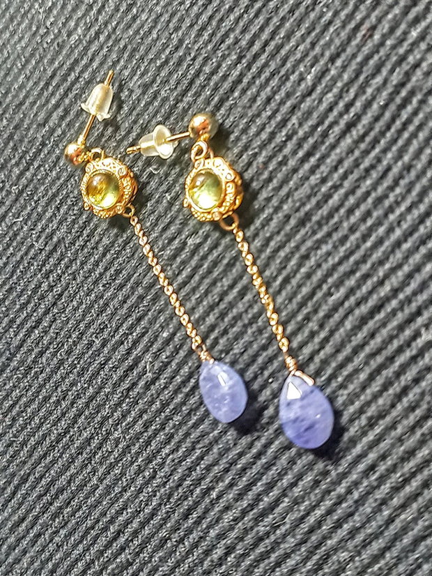 Cercei vermeil tanzanit peridot charm argint placat cu aur tija lant vermeil romantici boho chic trendy