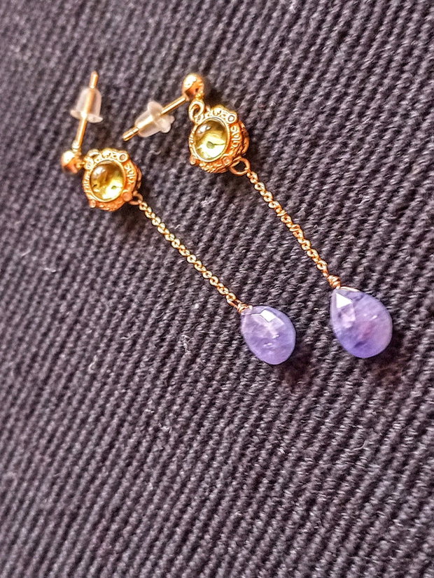 Cercei vermeil tanzanit peridot charm argint placat cu aur tija lant vermeil romantici boho chic trendy