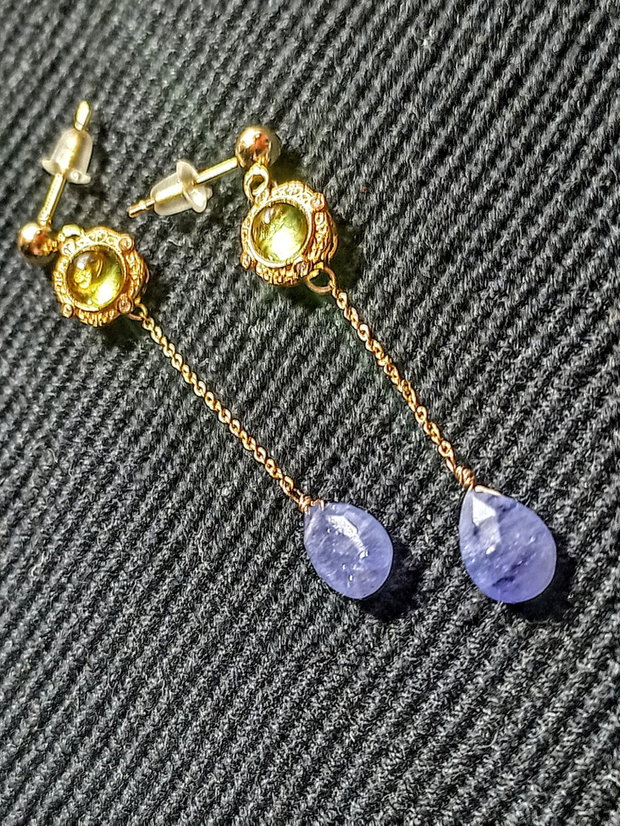 Cercei vermeil tanzanit peridot charm argint placat cu aur tija lant vermeil romantici boho chic trendy
