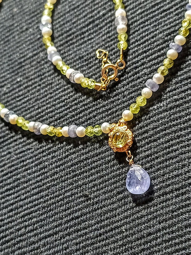Colier vermeil tanzanit peridot perle naturale de cultura charm peridot argint placat cu aur romantic boho chic trendy