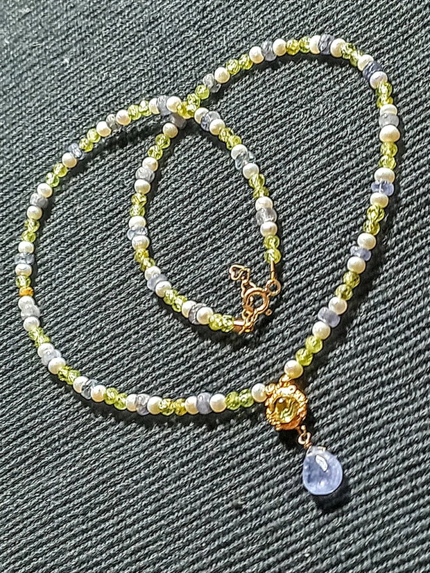 Colier vermeil tanzanit peridot perle naturale de cultura charm peridot argint placat cu aur romantic boho chic trendy