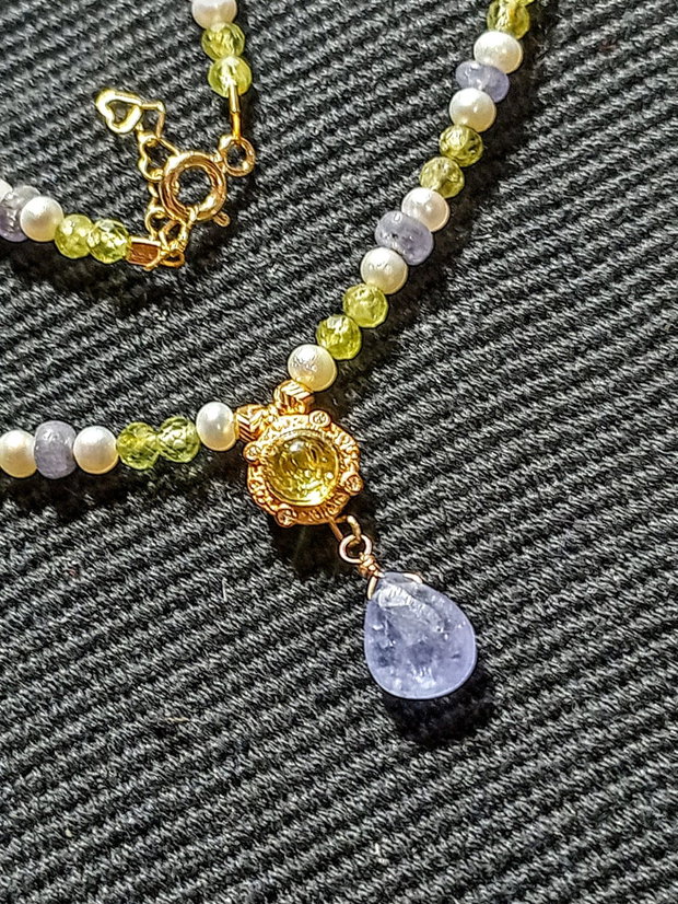 Colier vermeil tanzanit peridot perle naturale de cultura charm peridot argint placat cu aur romantic boho chic trendy
