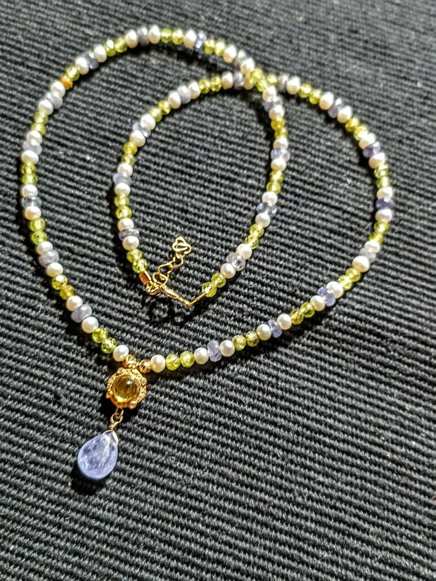 Colier vermeil tanzanit peridot perle naturale de cultura charm peridot argint placat cu aur romantic boho chic trendy