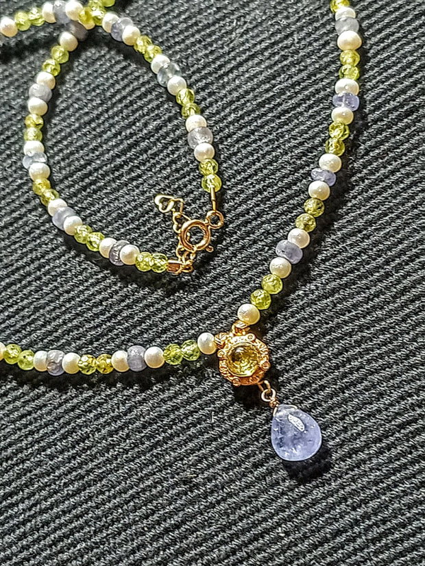 Colier vermeil tanzanit peridot perle naturale de cultura charm peridot argint placat cu aur romantic boho chic trendy