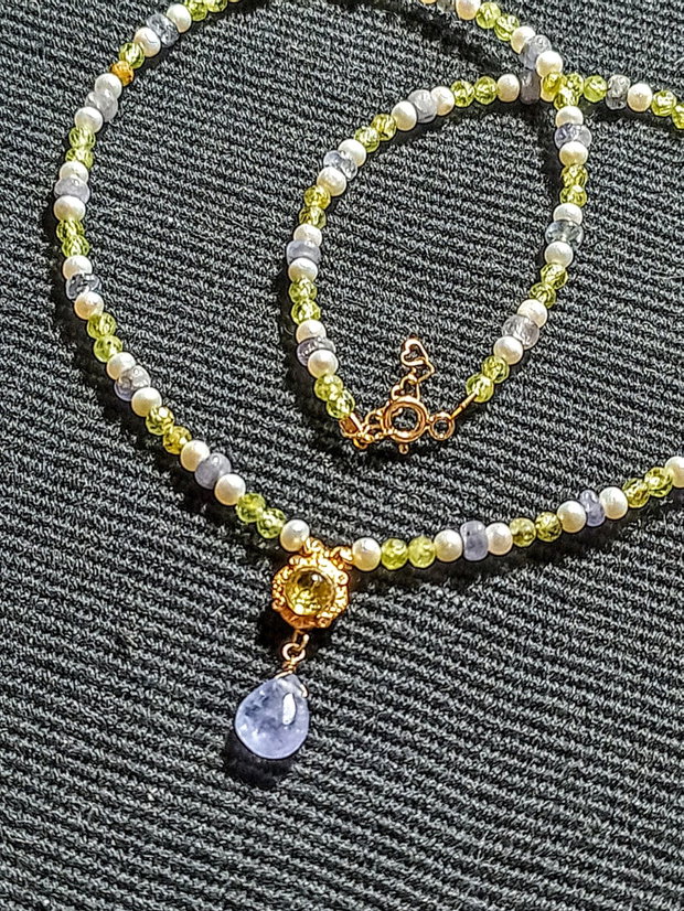 Colier vermeil tanzanit peridot perle naturale de cultura charm peridot argint placat cu aur romantic boho chic trendy