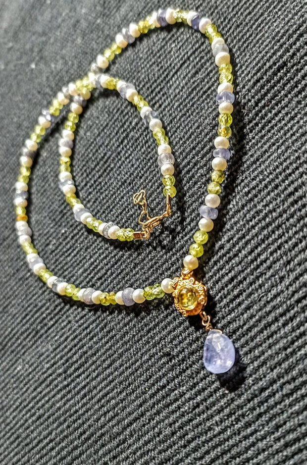 Colier vermeil tanzanit peridot perle naturale de cultura charm peridot argint placat cu aur romantic boho chic trendy