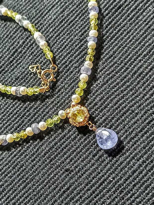 Colier vermeil tanzanit peridot perle naturale de cultura charm peridot argint placat cu aur romantic boho chic trendy