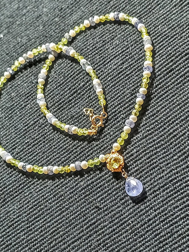 Colier vermeil tanzanit peridot perle naturale de cultura charm peridot argint placat cu aur romantic boho chic trendy