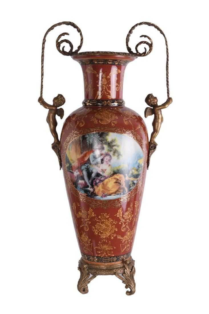 Amfora din portelan Craquele cu ingerasi din bronz