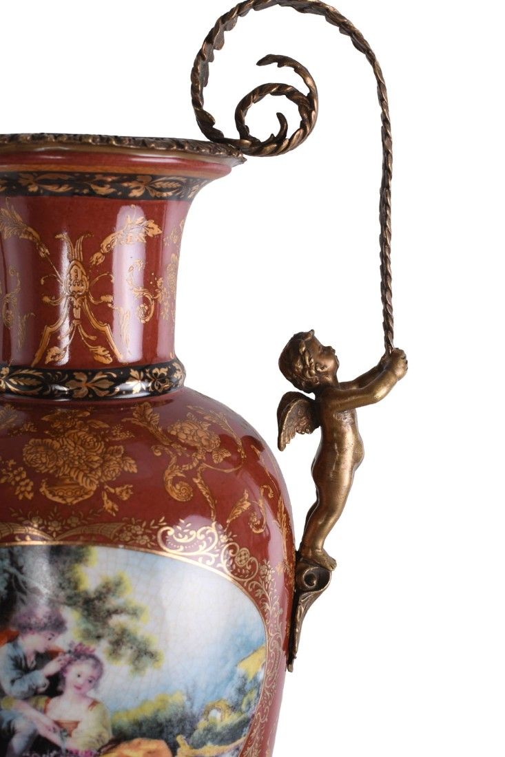 Amfora din portelan Craquele cu ingerasi din bronz